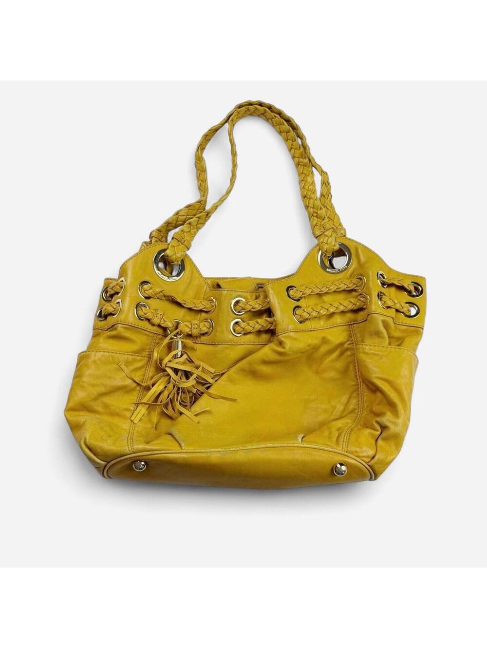 Michael Kors Mustard Yellow Leather Braided Grommet Hobo Bag Tassel Shoulder Bag